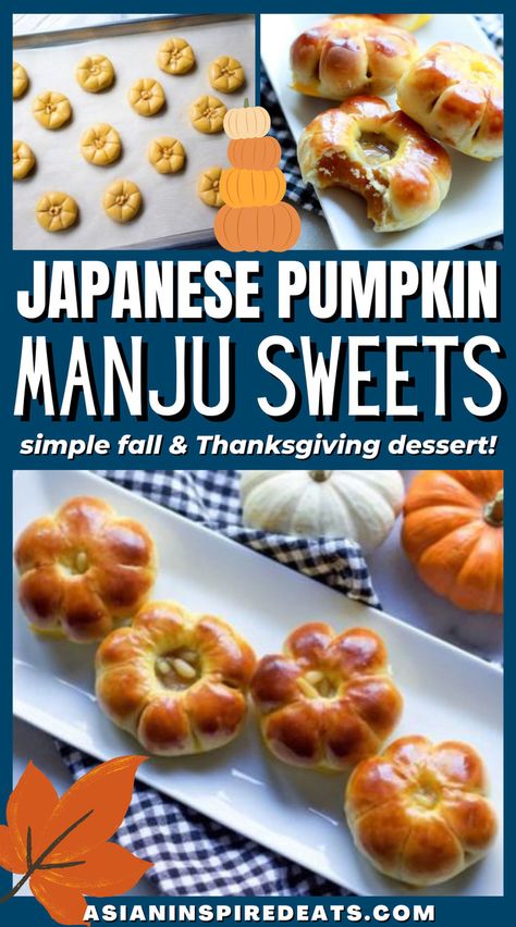 a serving platter topped with baked pastries filled with a sweet orange pumpkin filling Baked Manju Recipe, Using Pumpkin Puree, Manju Recipe, Japanese Pumpkin, Sugar Cookies From Scratch, Sweet Red Bean Paste, Sweet Red Bean, Mini Pumpkin Pies, Christmas Dinner Menu