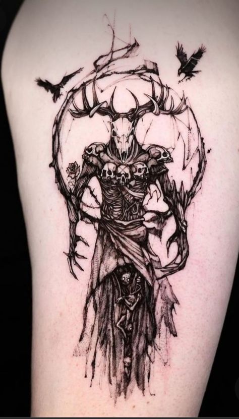 Skinwalker Tattoo Design, Witch Doctor Tattoo Design, Blades Of Chaos Tattoo Ideas, Wendigo Tattoo Ideas, Urban Legend Tattoo, Leshen Witcher Art, Abb Tattoos Men, Dark Astethic Tattoos, Demonic Tattoo Ideas