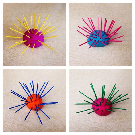 Sea urchins! Made out of oven baked clay and toothpicks - my preschoolers LOVED these! Clay Sea Urchin, Sea Urchins Art, Oven Baked Clay, Sea Aquarium, Easy Animal Drawings, Baked Clay, Oven Bake Clay, Easy Animals, Sea Urchins