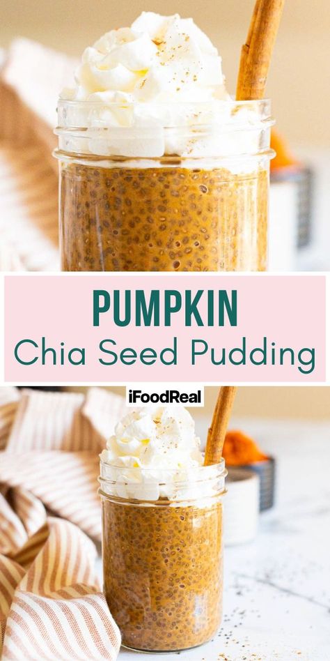 Pumpkin Chia Pudding - iFoodReal.com Pumpkin Chia Pudding, Chia Pudding Recipes Healthy, Overnight Chia Pudding, Chia Pudding Breakfast, Vanilla Chia Pudding, What Is Healthy Food, Pumpkin Oats, Chia Seed Recipes Pudding, Chia Recipe