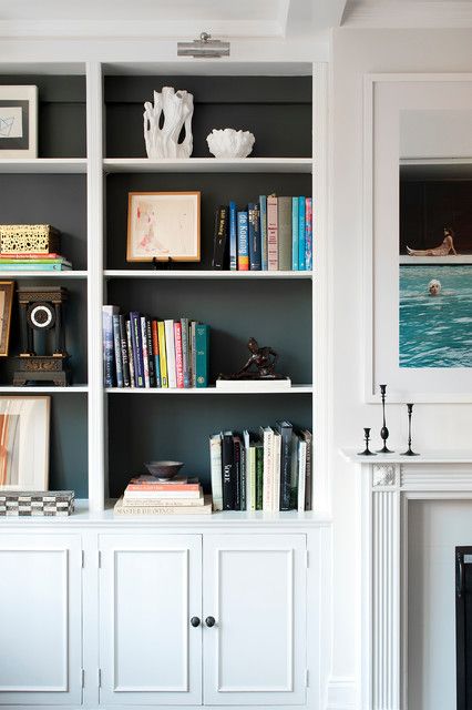 Dark Walls White Shelves, Built Ins Same Color As Wall, Deep Bookshelves Decorating, Grey Book Shelves, Back Of Built Ins Painted, How To Style Deep Shelves Built Ins, Dark Walls White Bookshelves, Dark Grey Bookshelves, Built In Shelves Living Room Color