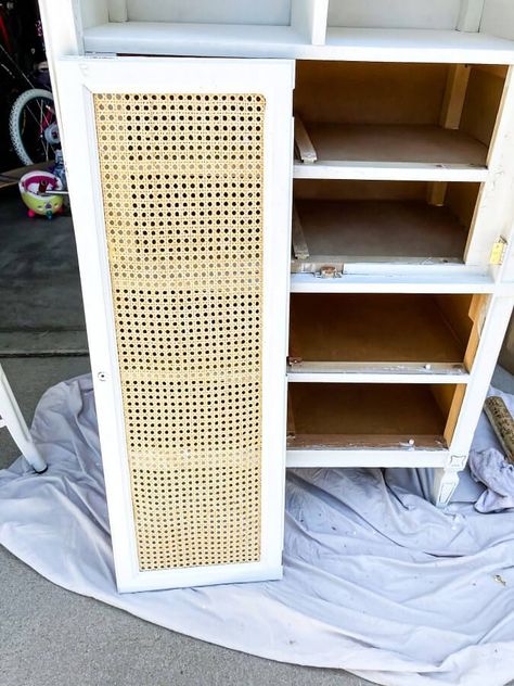 This $40 FB armoire got a fun makeover with some new paint and cane webbing! #canediy #armoiremakeover Refurbished Armoire Ideas, Cane Webbing Cabinet, Refurbished Armoire, Cabinet Doors Diy, Armoire Ideas, Diy Pedestal, Blue Spray Paint, Armoire Makeover, Diy Cabinet Doors