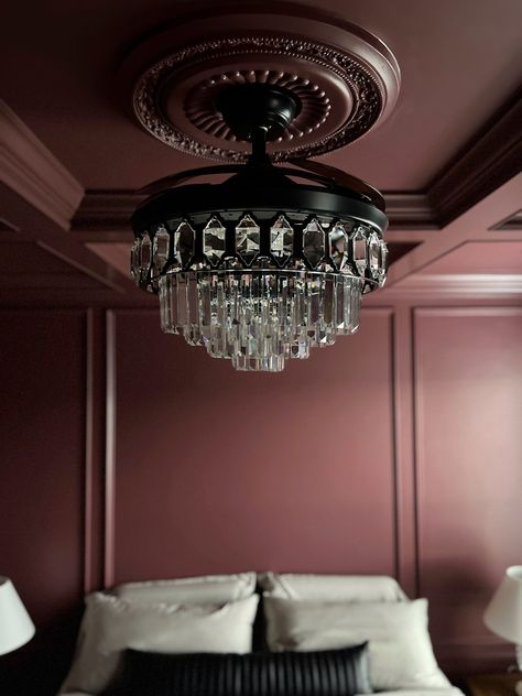 Fandeliers For Bedroom, Fandaliers Aesthetic, Modern Vintage Bedroom, Chandelier With Fan, Elegant Ceiling Fan, Modern Vintage Bedrooms, Burgundy Bedroom, Fandelier Ceiling Fan, Bedroom Fan