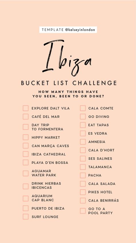 Template Kelseyinlondon, Kelsey In London, Things To Do In Ibiza, Bucket List Challenge, Paris Bucket List, Ibiza Travel, Holiday Checklist, Ibiza Spain, Travel Destinations Bucket Lists