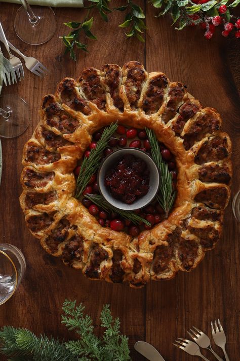 Mary Berg Sausage Roll Wreath, Sausage Roll Wreath Christmas, Sausage Wreath, Sausage Roll Wreath, Roll Wreath, Sage And Onion Stuffing, Sausage Roll, Savory Pies, Sausage Rolls