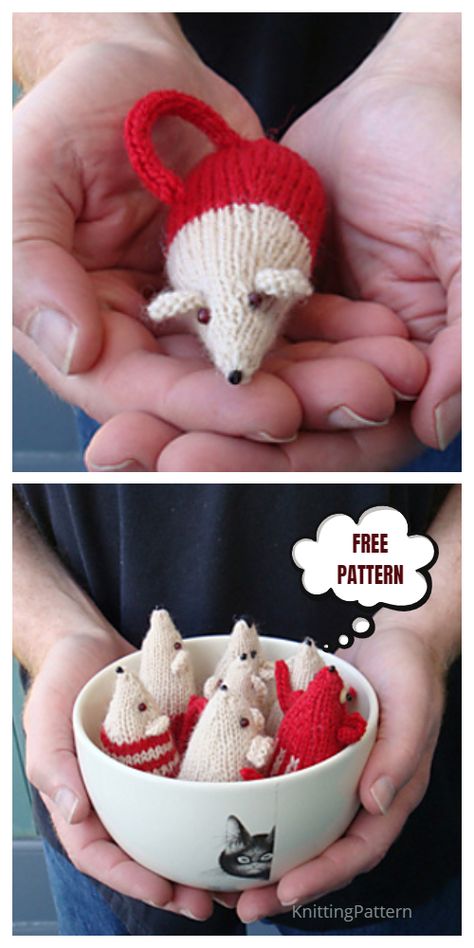 6 Knit Christmas Mouse Ornament Free Knitting Patterns - Knitting Pattern Christmas Mouse Ornament, Knitted Mouse, Mouse Ornaments, Christmas Knitting Projects, Knit Christmas Ornaments, Knitted Christmas Decorations, Christmas Knitting Patterns Free, Miniature Knitting, Knitted Toys Free Patterns