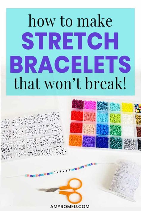 Learn How to Make Stretch Bracelets That Won't Break with this easy letter bead bracelet hack! How To Start A Bracelet With Beads, Stretch Bracelets Diy Tutorials, Stretchy Bracelet Ideas, Homemade Bracelets With Seed Beads, Diy Clay Bead Bracelets Tutorials, How To Make Stretch Bracelets, Diy Stretch Bracelets Ideas, Beading Bracelets Ideas, Clay Bead Bracelet Tutorial