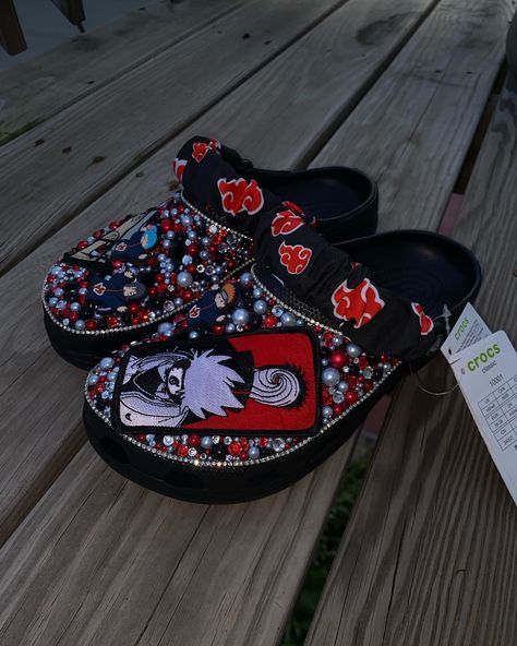 ‼️‼️‼️AVAILABLE NOW LINK IN BIO‼️‼️‼️ Akatsuki Theme Customs with 1 Charm of your choice then a randomized one (Adult Full Bling w/ Fabric) Croc Bedazzle, Custom Crocs Diy, Crocs Diy, Crocs Custom, Bedazzled Crocs, Taylor Swift Shoes, Customize Shoes, Bedazzled Shoes Diy, Bling Crocs