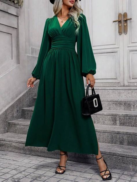 Lantern Sleeve Ruched Waist Split Thigh Dress | SHEIN USA Split Thigh Dress, Women Maxi, Women Outfit, Women Long Dresses, Lantern Sleeve, Dress Maxi, Lantern Sleeves, Long Dresses, Women Dresses