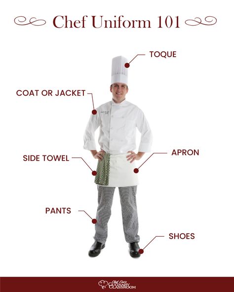 Toque: 100 folds, initially signified status, today worn for protective purposes. Coat/Jacket: Double breasted to cover up spills + cotton to breathe. Apron: Added protection from spills. Side Towel: Used to hold hot items. Pants: Loose, allows movement in the Kitchen. Shoes: Slip-Resistant Shoes are a must. #chefsuniform #cheflife #chefsoninstagram Chef Uniform Drawing, Animated Happy Birthday Wishes, Cafe Recipes, Chef Uniforms, Kitchen Shoes, Chef Pants, Chef Wear, Chef Uniform, Chef Coat