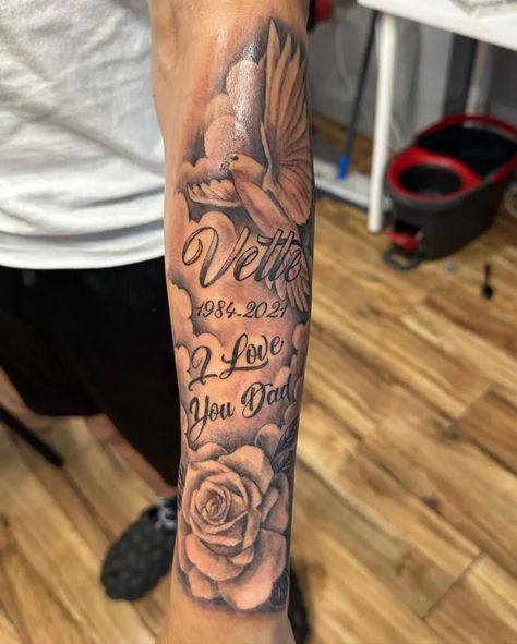 Tattoo For Father Who Passed For Men, Tattoo Ideas For A Loved One Who Passed, Arm Memorial Tattoos, Memorial Sleeve Tattoo For Men, Dead Family Member Tattoo, Deceased Loved Ones Tattoos, Tattoo Remembering Loved Ones, Tattoo Ideas For Brother Who Passed, Tattoos In Memory Of Loved Ones