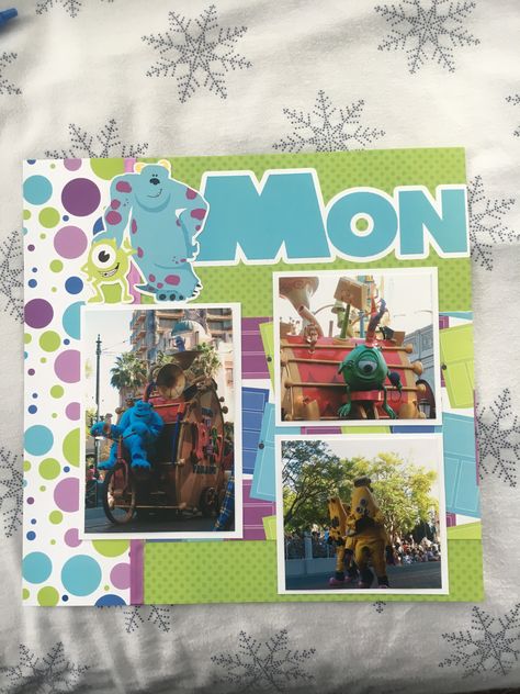 Road Trip Scrapbook, Disneyland Scrapbook, Trip Scrapbook, Baby Boy Scrapbook Layouts, Disney Monsters Inc, Disney Craft, Boy Scrapbook Layouts, Scrapbooking Page Ideas, Disney Parade