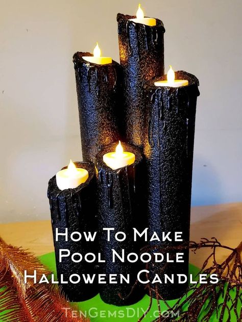 Spooky season is coming up fast, and I want to show you how to make pool noodle Halloween candles while there is still time! #poolnoodlehalloweencandles #poolnoodlecrafts #poolnoodleideas #poolnoodlehacks #diypoolnoodlehacks #diypoolnoodlecrafts #halloweencandlesdiy #halloweencandlesmadefrompoolnoodles #halloweencandlesoutofpoolnoodles #halloweencandlesticksdiy #diyhalloweendecorations #halloweendecorationsparty #diyhalloweendecor #howtomakehalloweendecorations #creepyhalloweendecorations Pool Noodle Halloween Candles, Wood Halloween Crafts, Pool Noodle Candles, Pool Noodle Halloween, Quick Halloween Crafts, Halloween Candles Diy, Diy Halloween Witch, Halloween Candlesticks, Halloween Pumpkin Diy