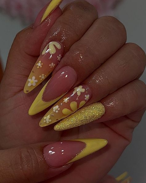 Yellow Nail Designs Almond, Yellow Nails Design Almond Shape, Yellow And Orange Nails Design, Yellow And Orange Nails, Yellow Almond Nails, Pageant Nails, Orange Acrylic Nails, Orange Nail Designs, Yellow Nails Design