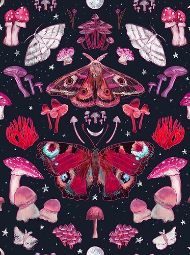 Mushroom Pfp, Moths And Mushrooms, Moth And Mushroom, Bug Wallpaper, Bug Pattern, Painted Mushrooms, Mushroom Magic, Mushroom Wallpaper, Magical Nature