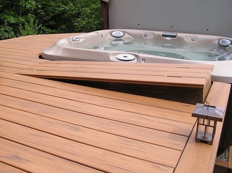 This hot tub deck has an easy access hatch. Got to love TimberTech "Tropical Teak" composite decking. http://www.orepac.com/decking.html?utm_content=buffer520a7&utm_medium=social&utm_source=pinterest.com&utm_campaign=buffer Hot Tub Deck Ideas, Whirlpool Deck, Deck Hot Tub, Spa Deck, Sunken Hot Tub, Jacuzzi Room, Outdoor Jacuzzi, Hot Tub Landscaping, Hot Tub Surround