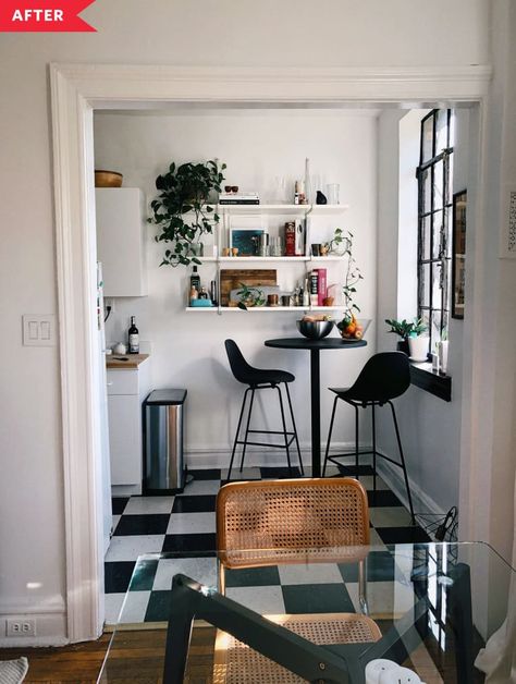 Bistro Table In Living Room, Bistro Table Kitchen, Raised Platform Bed, Photo Theme, A Studio Apartment, Rental Kitchen, Studio Living, Studio Kitchen, New York Apartment