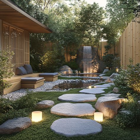 Create a peaceful sanctuary in your backyard with a Zen garden patio. Featuring natural stone paths, bamboo fencing, and a soothing water feature, this space is designed for ultimate relaxation and meditation. Embrace the calm of nature with this serene outdoor retreat. #ZenGarden #OutdoorSanctuary #BambooFencing #RelaxationSpace Zen Garden With Water Feature, Zen Stone Garden, Asian Garden Backyard, Zen Courtyard, Outdoor Meditation Space, Outdoor Zen Garden, Peaceful Backyard, Modern Zen Garden, Zen Retreat