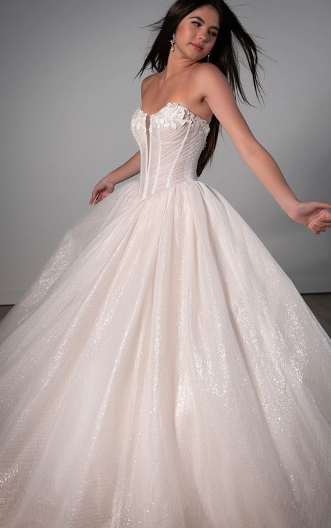 Stunning strapless tulle ballgown with a sweetheart neckline, pearl-embellished lace, and sparkling tulle. Perfect for an enchanting princess bridal look. Tulle Wedding Dress Ballgown, Drop Waist Gown, Princess Ballgown, Tulle Ballgown, Ballgown Wedding Dress, Basque Waist, Enchanting Wedding, Wedding Dress Silhouette, Bridesmaids Jewelry