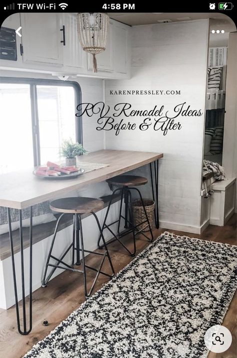 Rv Table Remodel, Travel Trailer Table Remodel, Motorhome Remodel Before And After, Rear Living Rv Remodel, Rv Breakfast Bar, 70s Rv Remodel, Boho Trailer Remodel, Coachman Catalina Remodel, Trailer Renovation Before And After