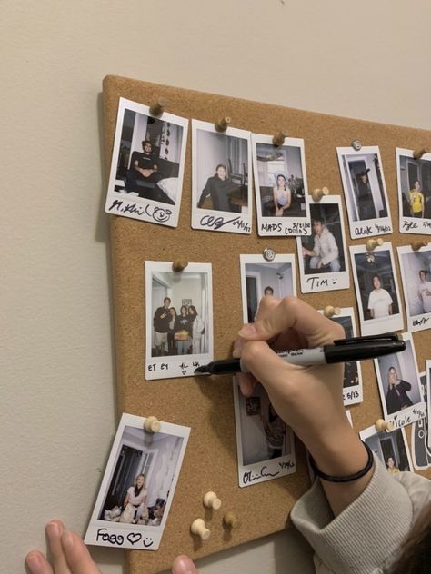 Polaroids On Cork Board, How To Decorate Posters On Wall, Apartment Polaroid Wall, Bulletin Board Polaroid, Cork Board Polaroid Ideas, Bulletin Board With Photos, Polaroid Board Ideas, Polaroid Cork Board, Polaroids Decor