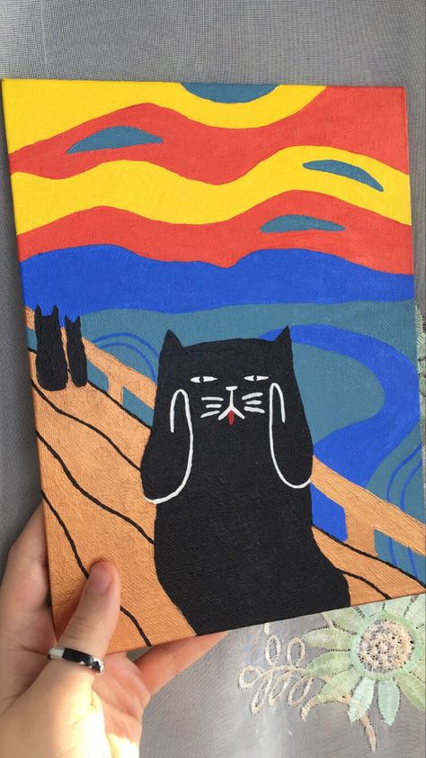 Easy Canvas Painting Gift Ideas, Tuxedo Cat Painting Easy, Drawing Acrylic Easy, Easy Cat Painting Ideas On Canvas, Silly Painting Ideas, Paintings To Gift, Painting Ideas On Canvas Step By Step, Simple Cute Painting Ideas, Cute Paintings Ideas