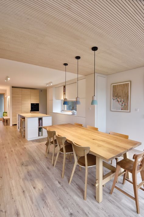 Wood Ceiling Above Kitchen Island, Wood Slat Ceiling Kitchen, Wooden Ceiling Kitchen, Wood Ceiling Office, Low Kitchen Ceiling, Scandinavian Interior Wood, Kitchen Wooden Ceiling, Wood Ceiling Kitchen, Alpine Bedroom