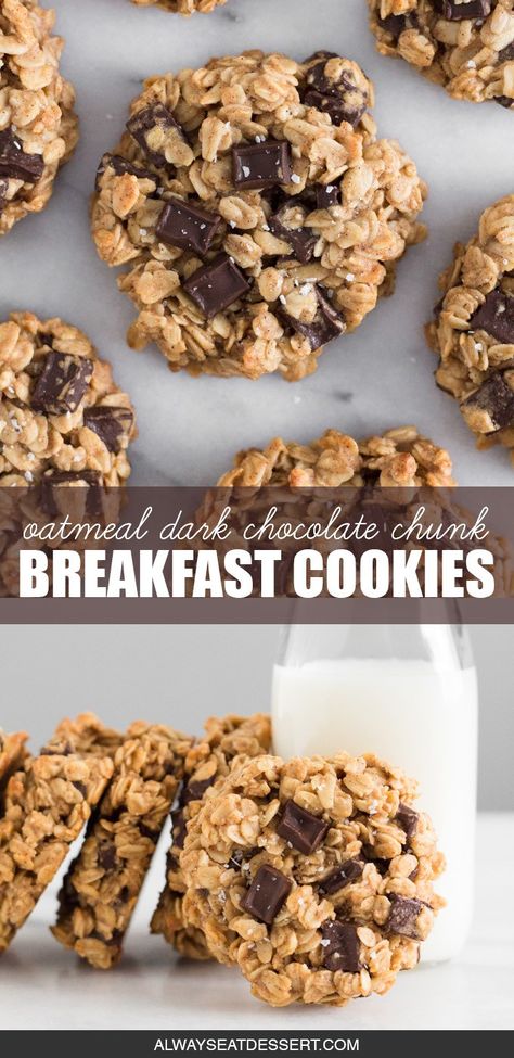 Looking for a quick and easy breakfast recipe that you can make ahead and take with you on the go? These oatmeal dark chocolate chunk breakfast cookies are the answer! They're perfect for busy mornings, plus they taste amazing and will keep you full until lunch! #breakfastcookies #easybreakfastrecipe #breakfastonthego Baked Oatmeal Breakfast Cookies, Oatmeal Cookie Breakfast, Breakfast Cookies Chocolate Chip, Oatmeal Chocolate Chip Breakfast Cookies, Dark Chocolate Breakfast, Chocolate Chip Breakfast Cookies, Chocolate Chip Breakfast, Desserts With Chocolate Chips, Breakfast Cookie