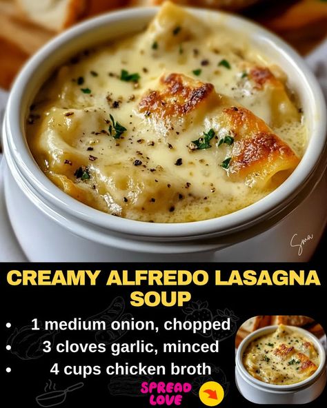 Creamy Alfredo Lasagna Soup Chicken Alfredo Soup Recipe, Alfredo Lasagna Soup, Sausage Lasagna Soup, Lasagne Soup, Can Crushed Tomatoes, Creamy Soup Recipes, Alfredo Lasagna, Lasagna Soup Recipe, Italian Sausage Soup