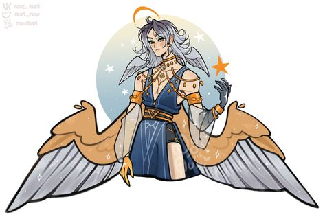 Sun Oc Art, God Oc Ideas, Angelic Outfits Aesthetic, Avian Oc, Angel Oc Design, Winged Clothes, God Oc Design, Angel Oc Art, Aasimar Dnd