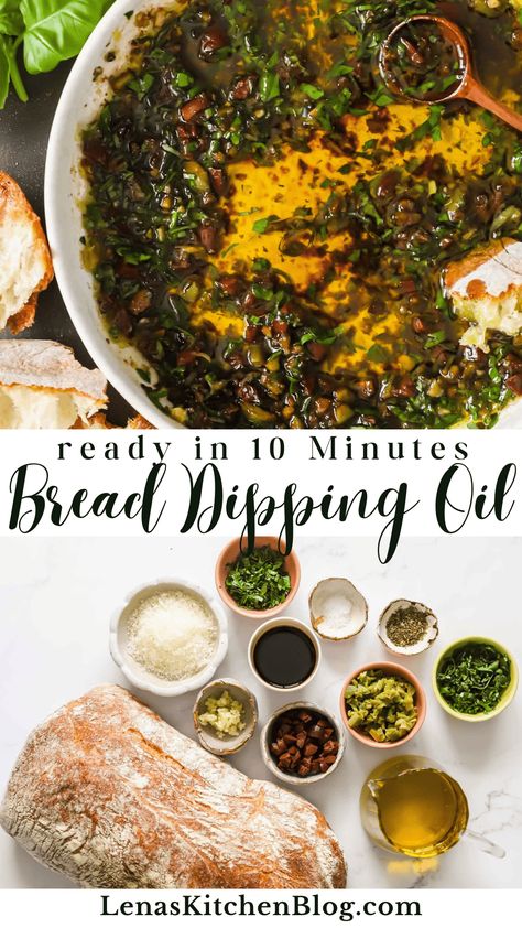 This Bread Dipping Oil is a quick and easy way to elevate your appetizer game! Rich extra-virgin olive oil, tangy balsamic vinegar, fresh herbs, and savory olives make the most flavor-packed dip. Serve it with warm, crusty bread for a simple yet elegant starter that will impress all your dinner guests! Bread Dipping Oil Recipe With Olives, Balsamic Vinegar And Olive Oil Bread Dip, Oil Herb Bread Dip, Mediterranean Olive Oil Dip For Bread, Loaded Olive Oil Dipping Sauce, Olive Dipping Oil, Olive Oil Balsamic Bread Dip, Dipping Oils For Bread, Garlic Oil Dip For Bread