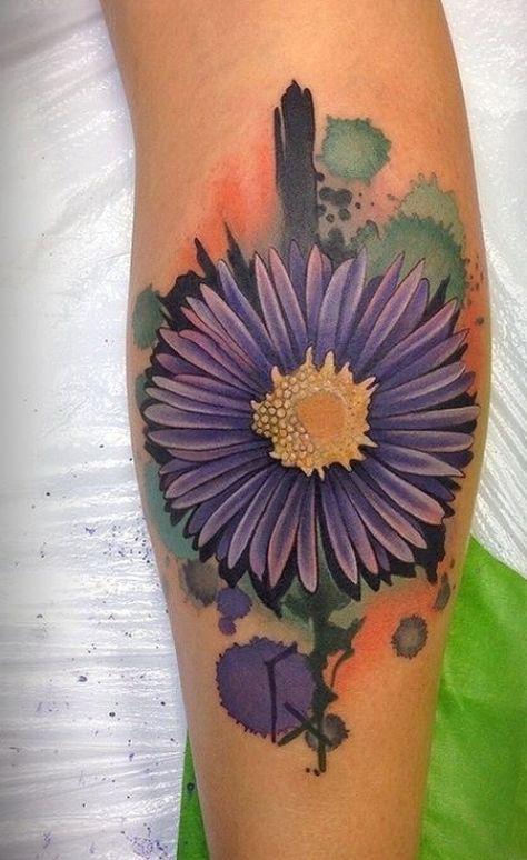 Aster Flower Tattoo, Aster Tattoo, Aster Flower Tattoos, Flower Finger Tattoos, Sunflower Tattoo Simple, Red Flower Tattoos, Purple Sunflower, Flower Tattoo On Side, Sunflower Tattoo Sleeve