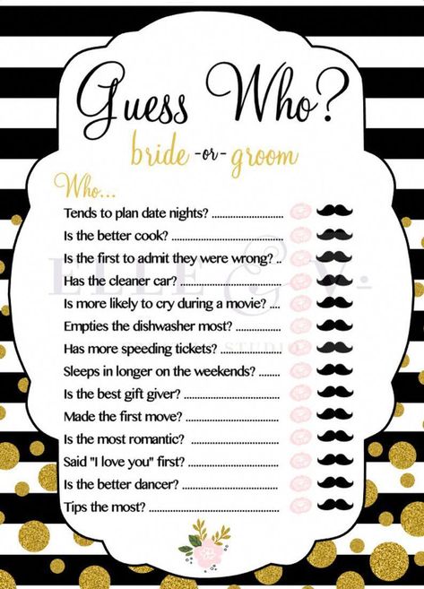 Guess Who? Bride or Groom This fun bridal shower game features black stripes, gold glitter dots, blush pink lips, black mustache and a blush pink flower. You will receive an instant digital download PDF file to print at home or a local print shop. The watermark will not appear in your downloaded Wedding Reception Games, Disney Bridal Showers, Fun Bridal Shower Games, Bridal Shower Planning, Wedding Reception Ideas, Wedding Reception Food, Wedding Shower Games, Bachelorette Party Games, Bridal Shower Game