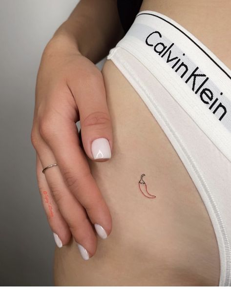 Small Panty Line Tattoos, Small Pelvis Tattoos Women, Small Tattoos Near Crotch, Panty Line Tattoos For Women, Pelvic Tattoo Hip Small Words, Panty Line Tattoo, Tattoo Near Crotch, Chilli Tattoo, Spicy Tattoo