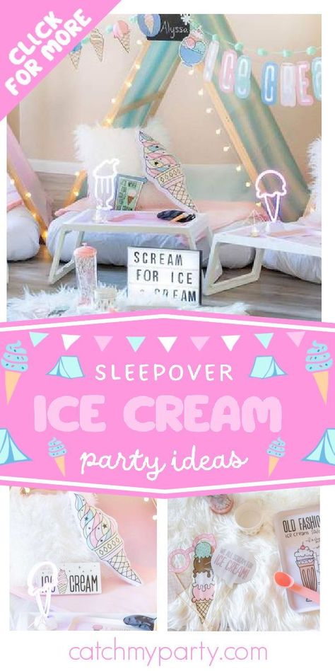 Don't miss this lovely ice cream-themed sleepover! The teepees are so sweet! See more party ideas and share yours at CatchMyParty.com Ice Cream Pajama Party, Scream Four Ice Cream Party, We Scream Four Ice Cream, Girls Teepee Sleepover Party Ideas, We All Scream Four Ice Cream Invitation, Birthday Ice Cream, Girls Birthday Party Themes, Sleepover Ideas, Summer Birthday Party