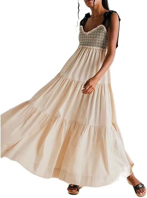 Women Boho Tie Shoulder Dress Y2k Floral Smocked Long Flowy Dresses Cute Summer Beach Spaghetti Strap Maxi Sundress Beige at Amazon Women’s Clothing store Sundress Colorful, Long Flowy Dresses, Tie Shoulder Dress, Ruffle Long Dress, Flowy Dress Long, Flowy Dresses, Amazon Dresses, Dress Y2k, Dresses Cute