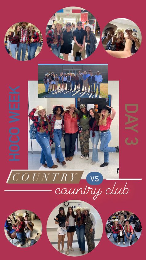 Homecoming week day 3 Country Vs Country Club Spirit Week, Country Vs Country Club, Homecoming Week, Spirit Week, Senior Year, Country Club, Instagram Story, Homecoming, Movie Posters