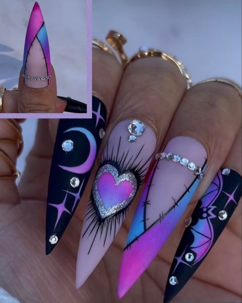 Excision Nails, Tino Vo Nails, Halloween Nails With Rhinestones, Sultry Nails, Spiritual Nail Art, Purple Acrylic Nails, Halloween Acrylic Nails, Punk Nails, Goth Nails