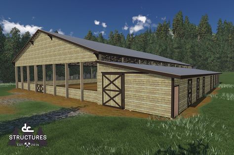 Horse Arenas Indoor, Arena With Stalls, Indoor Riding Arena With Stalls, Covered Riding Arena, Horse Adventure, Horse Farm Ideas, Horse Arena, Horse Facility, Indoor Arena