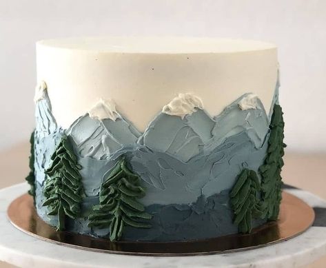 Mountain Cake Decoration, Outdoorsy Cake Ideas, Mountain Smash Cake, Mountain Cake Ideas Birthday, Buttercream Mountain Cake, Mountain Cake Tutorial, Cake Decorating Painting, Mountain Cake Design, Nature Themed Cakes