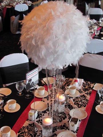 love this pomander ball Boa Centerpiece, Feather Ball Centerpiece, Masquerade Party Centerpieces, Tiffany Sweet 16, White Party Decorations, Tall Glass Vases, Pomander Balls, Christening Decorations, Bella Wedding