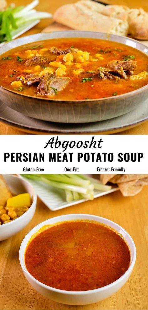 Persian Beef Stew, Persian Food Iranian Cuisine, Potatoes And Tomatoes, Meat Soup, Iranian Dishes, Beans Potatoes, Saffron Recipes, Iranian Recipes, Iranian Cuisine