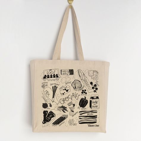 Make grocery shopping a fun and stylish experience with our Groceries tote bag, featuring playful illustrations of all your favorite food items. Made from sturdy 12oz cotton canvas with a gusseted edge, this eco-friendly and reusable bag is perfect for carrying your groceries, and its washable nature ensures it stays fresh and clean for each use. The black and white modern illustration style, combined with hand-lettered labels, showcases the signature style of Tuxberry & Whit. Ideal for both per Grocery Bag Design, Modern Illustration Style, Carry Bag Design, Cafe Merch, Tote Bag Illustration, Coffee Bag Design, Tote Bag Business, Paper Bag Design, Bag Illustration