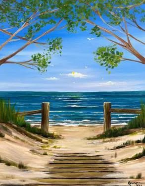 Beach Scene Painting Easy, Seascape Paintings Beach Scenes, Simply Painting, Calendar Creative, Beach Scene Painting, Beach Art Painting, Acrylic Ideas, Painting Beach, Paint Nite