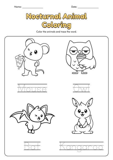 Nocturnal Animals Coloring Sheets Nocturnal Animals Coloring Pages, Nocturnal Animals Activities, Preschool Mom, Name Tracing Worksheets, Unique Creatures, Animal Classification, Animal Worksheets, Preschool Craft, Australia Animals