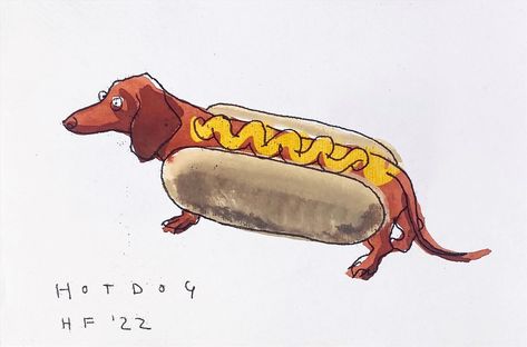 Dachshund Hot Dog, Hot Dog Dog, Arte Dachshund, Dog Sketch, Dog Artwork, Summer Dog, Royal Academy Of Arts, Animated Drawings, Monoprint