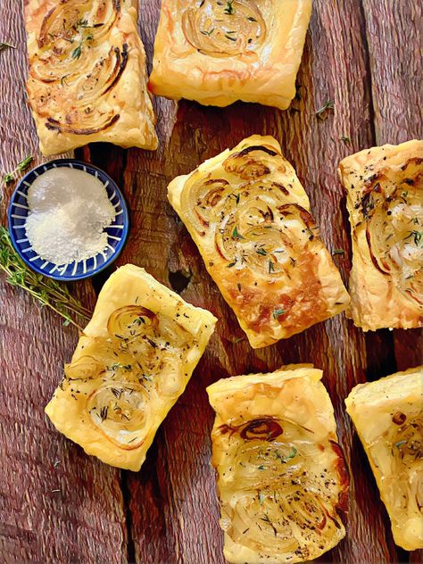 easy shallot tarts (tik tok recipe!) - kylie's kitchenette Shallot Puff Pastry, Tomato Onion Tart Puff Pastry, Shallot Puff Pastry Tart, Onion Pastry Tart, Shallot Tart, Phylo Pastry Recipes, Tik Tok Recipes, Puff Pastry Recipes Savory, Easy Puff Pastry Recipe