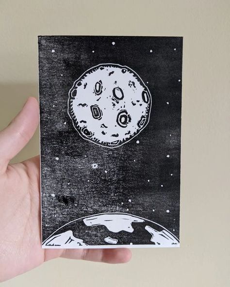 Space Linocut, Moon Linocut, Pottery Sgraffito, Mola Mola, Moon Quilt, Moon Luna, Lino Art, Linocut Art, Handmade Stamps