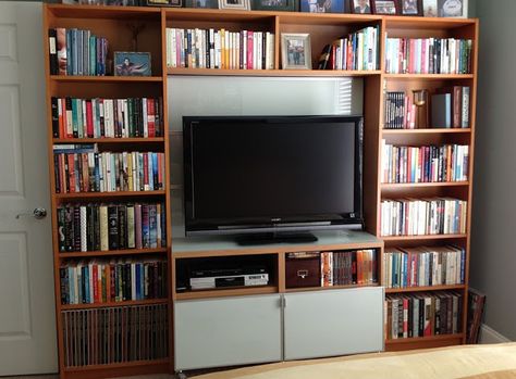 IKEA Hackers: Billy library to entertainment center Bookshelf Entertainment Center, Tv Bookcase, Ikea Uk, Billy Ikea, Bookshelves With Tv, Bookcase Tv Stand, Entertainment Center Wall Unit, Bookcase Wall Unit, Built In Entertainment Center