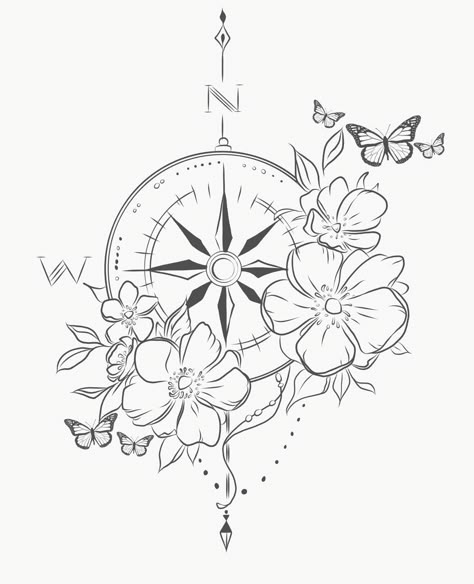 Compass Tattoo With Butterfly, Compus Drawing Ideas, Boho Compass Tattoo, Mandala Compass Tattoo Feminine, Compass Tattoo With Flowers, Compass Rose Tattoo Feminine, Compass Tattoo Design Woman, Compass With Flowers Tattoo, Compass Flower Tattoo